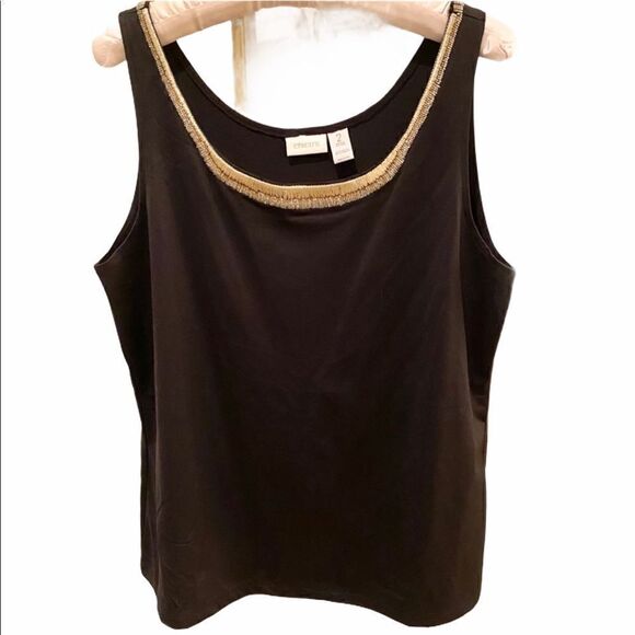 Chico’s EUC Black Tank w/ Gold Bead Collar Detail - Picture 1 of 5